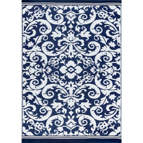 Tayse Rugs Sunset Scroll Navy 4 ft. x 6 ft. Indoor/Outdoor Area Rug