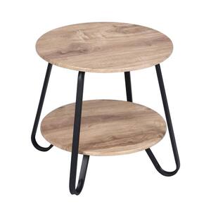 Metal and Wood Oak Round 17.7 in. H Outdoor Side Table with Storage