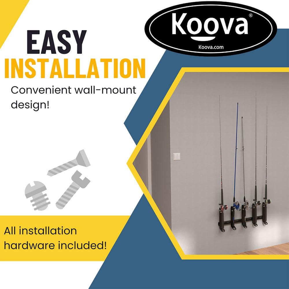 Black Steel Wall-Mounted Fishing Rod Holder and Organizer