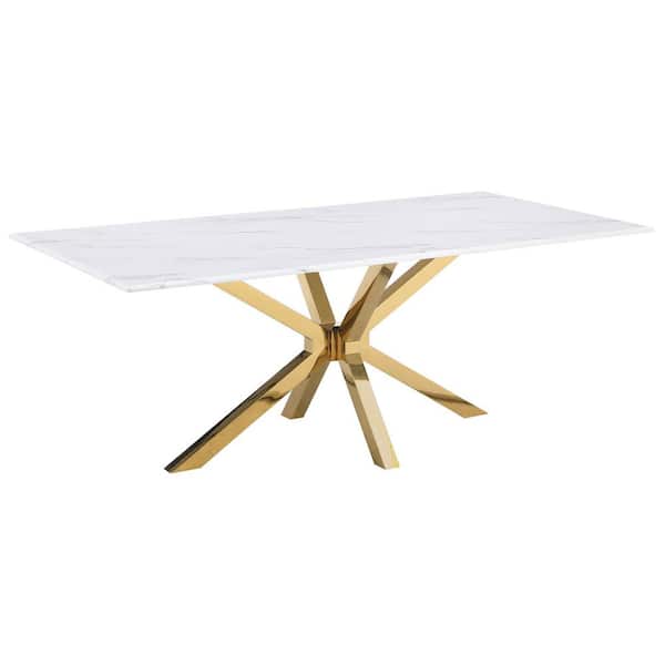 Venera Modern Classics White Faux Marble Top and Gold Pedestal Base 79 in. Dining Table Seats 10
