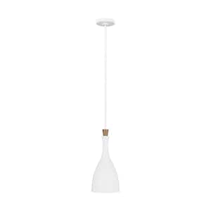 Darwin 7.875 in. W 1-Light Matte White Pendant with Wood Crown Accent