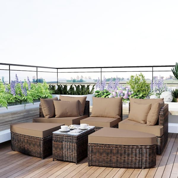Unbranded Brown 6-Piece Patio Wicker Outdoor Sectional Set Conversation with Brown Cushions and Coffee Table for Lawn, Poolside