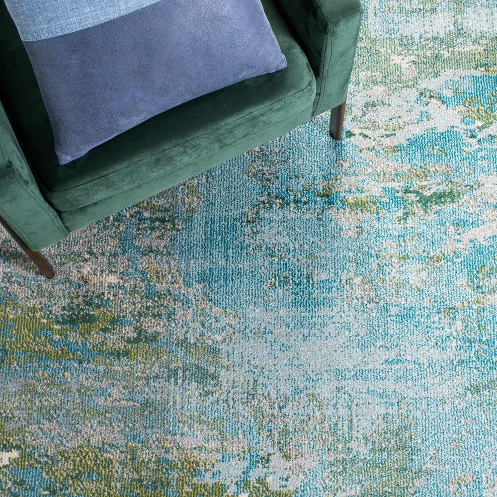 Light Blue and Green Synthetic 8' x 8' Square Abstract Area Rug