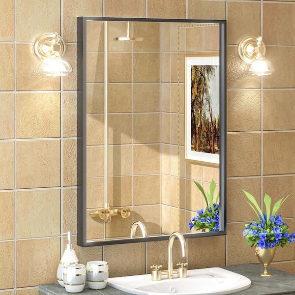 Apmir 22 in. W x 30 in. H Rectangular Aluminum Alloy Framed and Tempered Glass Wall Bathroom Vanity Mirror in Matte Black