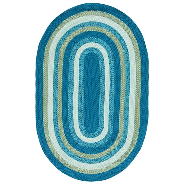 Braided Aqua/Green 3 ft. x 5 ft. Machine Washable Modern Striped Oval Area Rug