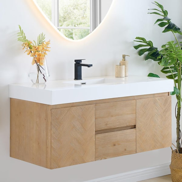 Siena 48 in. W Single Sink Floating Bath Vanity in Light Brown with White Engineered Stone Composite Top