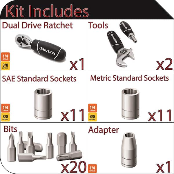 1/4 in. and 3/8 in. Stubby Ratchet and Socket Set with Folding Hex Keys (71-Piece)