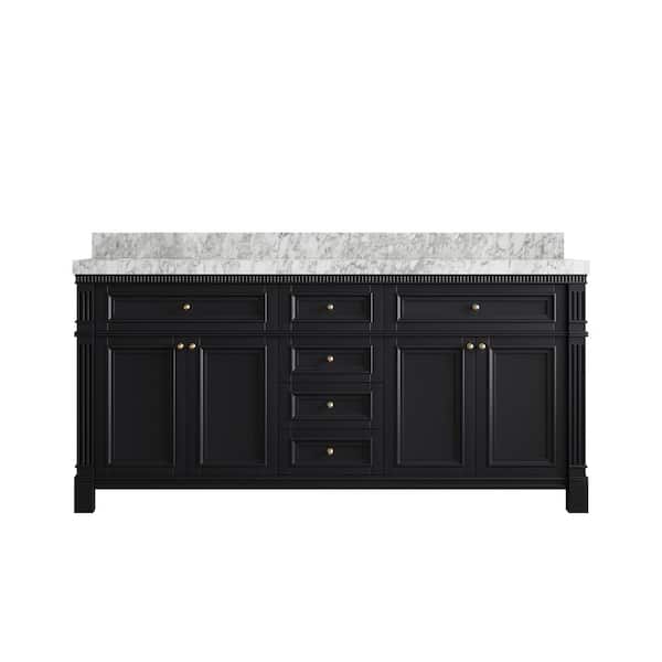 Paris 72 in. W x 22 in. D x 36 in. H Double Sink Bath Vanity in Black with 2 in. Carrara Marble Top