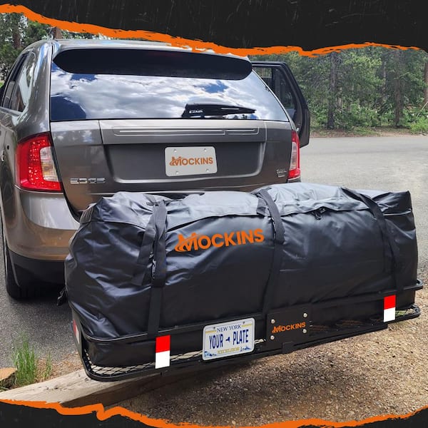 Mockins - 500 lb. Capacity Hitch Mount Cargo Carrier Basket with 16 cu. ft. Cargo Bag, Straps, Net, Folding Shank and 2 in. Raise
