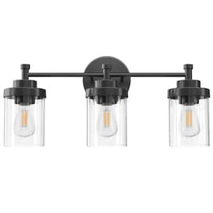 18 in. 3-Light Matte Black Modern Dimmable Vanity Light with Clear Ribbed Glass Shades E26 Sockets