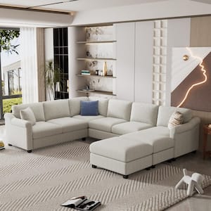 122 in. W Slope Arm 4-Piece U-Shaped Velvet Sectional Sofa in White with Ottoman and Right Side Chaise