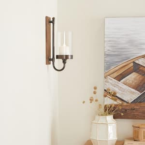 16 in. Brown Wood Wall Sconce with Glass Holder