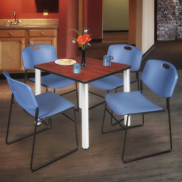Kee 30 in Cherry Top Square Breakroom Table Desk, Chrome Legs, 4 Zeng Stack Chairs-Blue