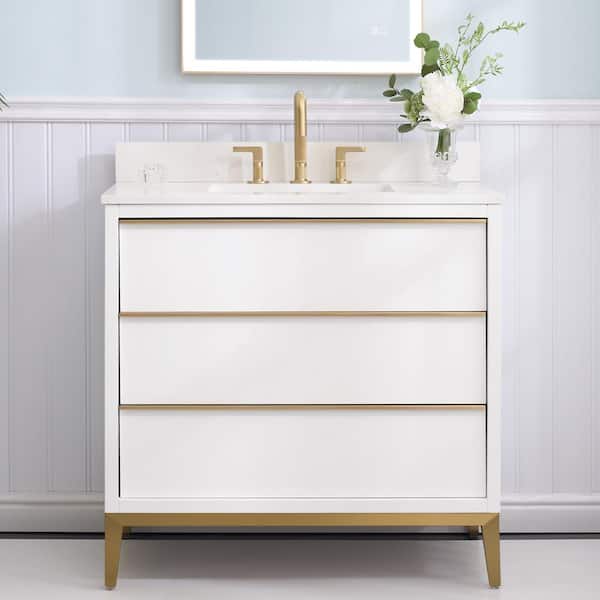 36 in. W x 22 in. D x 35 in. H Single Sink Freestanding Bath Vanity in White with Carrera White Quartz Top, 3-Drawer