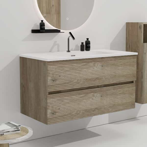 36 in. Single Sink Floating Natural Oak Bath Vanity with White Ceramic Top, Pre-assembled