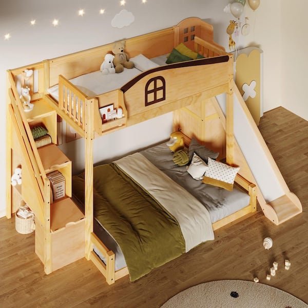 Natural Twin Over Full Bunk Bed with Storage Staircase, Shelf, Slide and Wardrobe