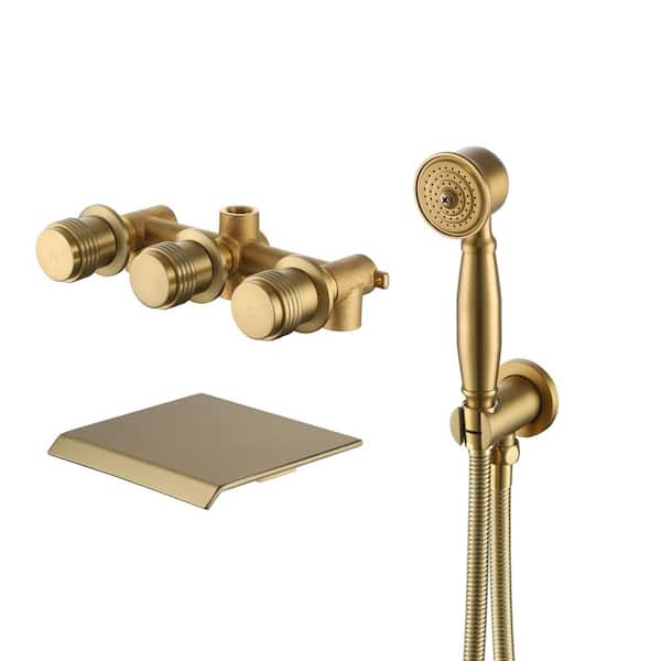 Triple Handles 1-Spray Tub and Shower Faucet 1.8 GPM Wide-Spray Waterfall High Pressure in Brushed Gold (Valve Included)