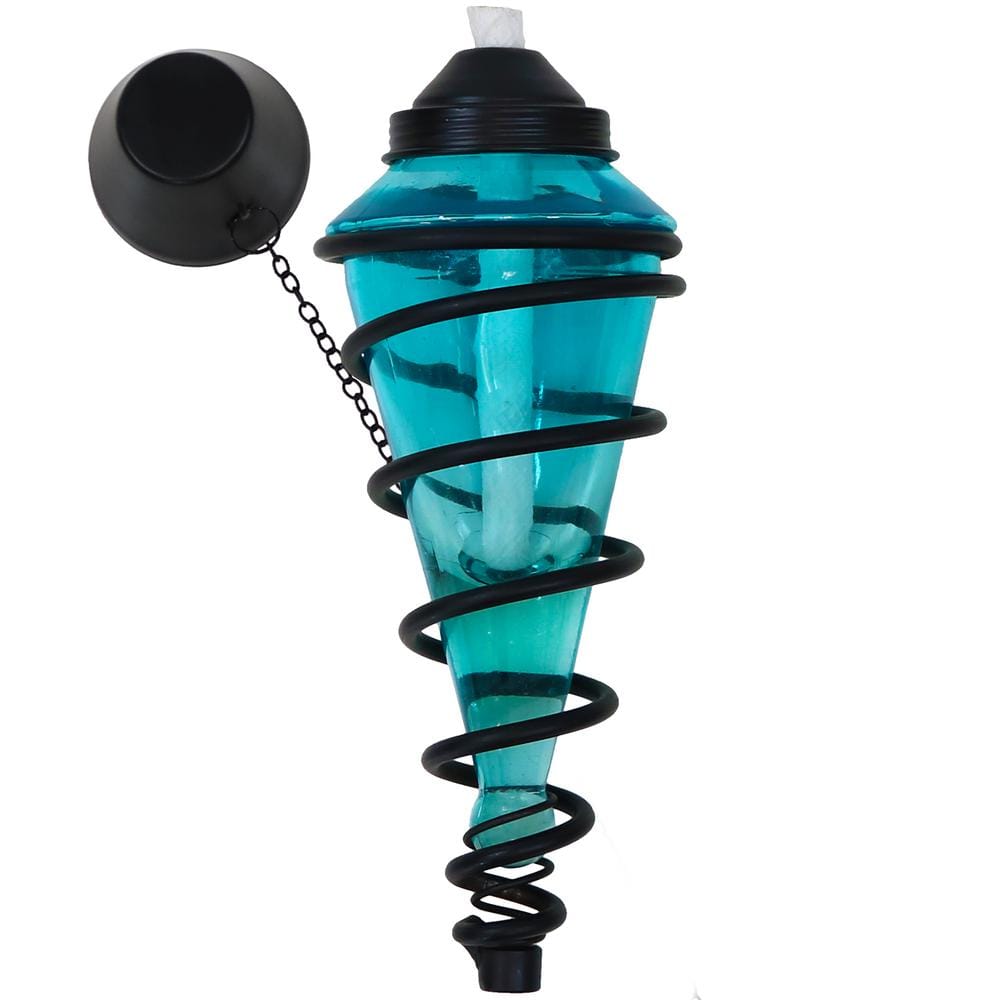 Adjustable Height Blue Glass and Metal Swirl Patio Torch Set