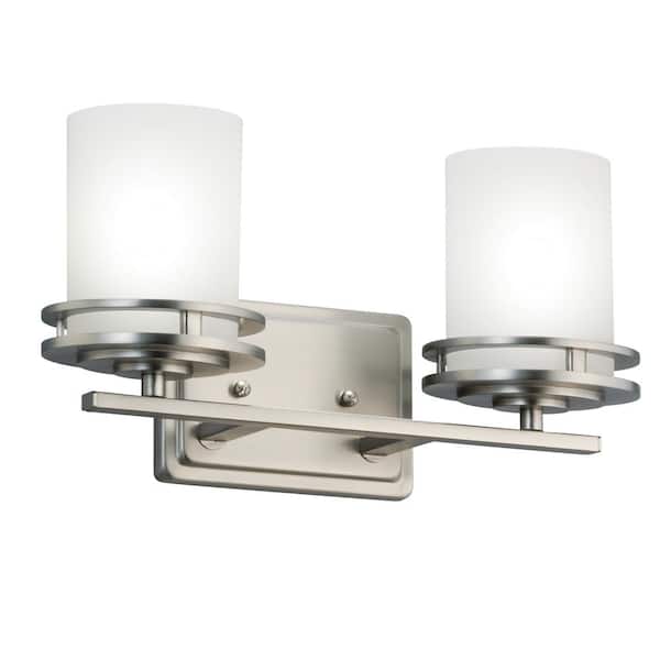 KICHLER Hendrik 14.5 in. 2-Light Brushed Nickel Contemporary Bathroom Vanity Light with Etched Glass Shade
