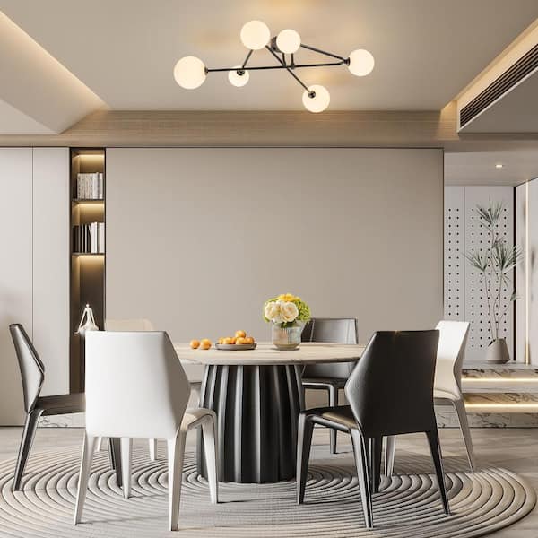 Ceder 33.9 in. 6-Light Sputnik Semi-Flush Mount Modern Ceiling Light with Opal Glass Shade for Kitchen