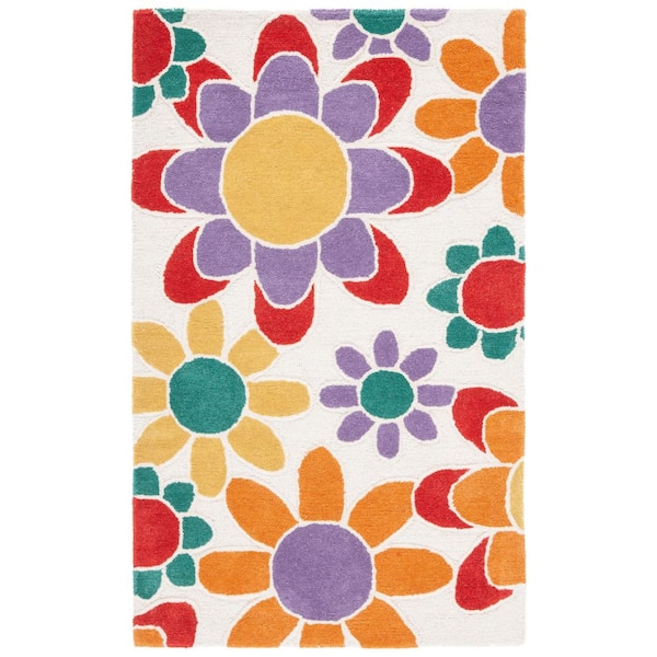 Kids 3 ft. x 5 ft. Ivory/Gold Oversized Floral Area Rug