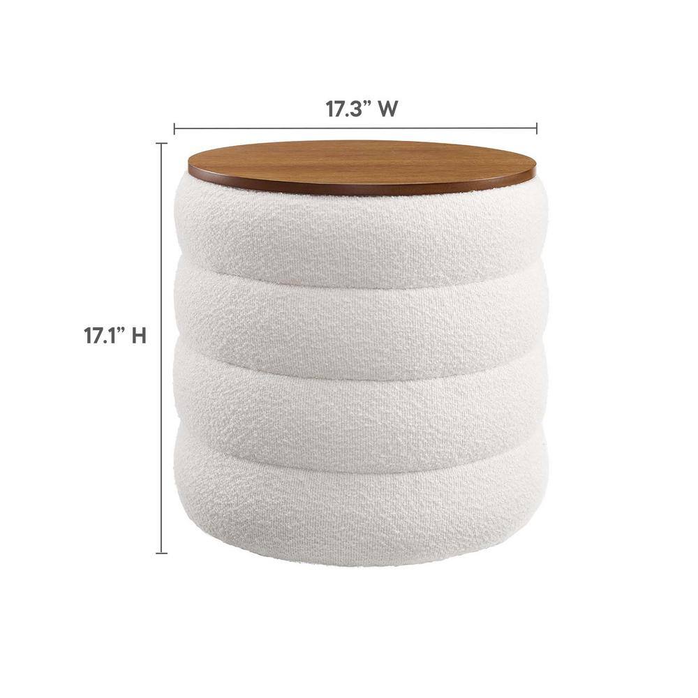 Cloud Boucle Fabric Round Storage Ottoman with Wood Grain Veneer Lid
