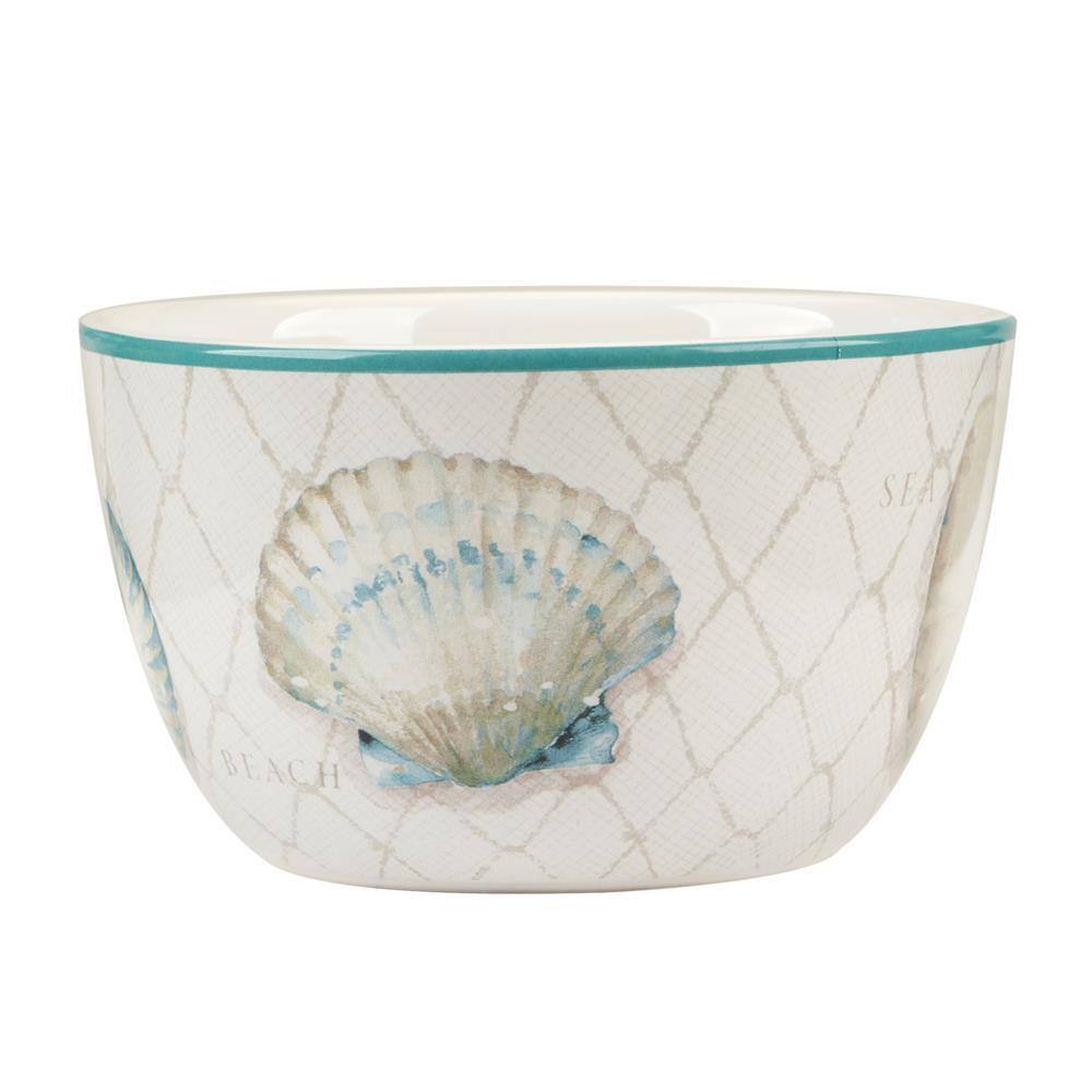 Ocean View Teal and Cream Ceramic Dessert Bowls, Set of 4