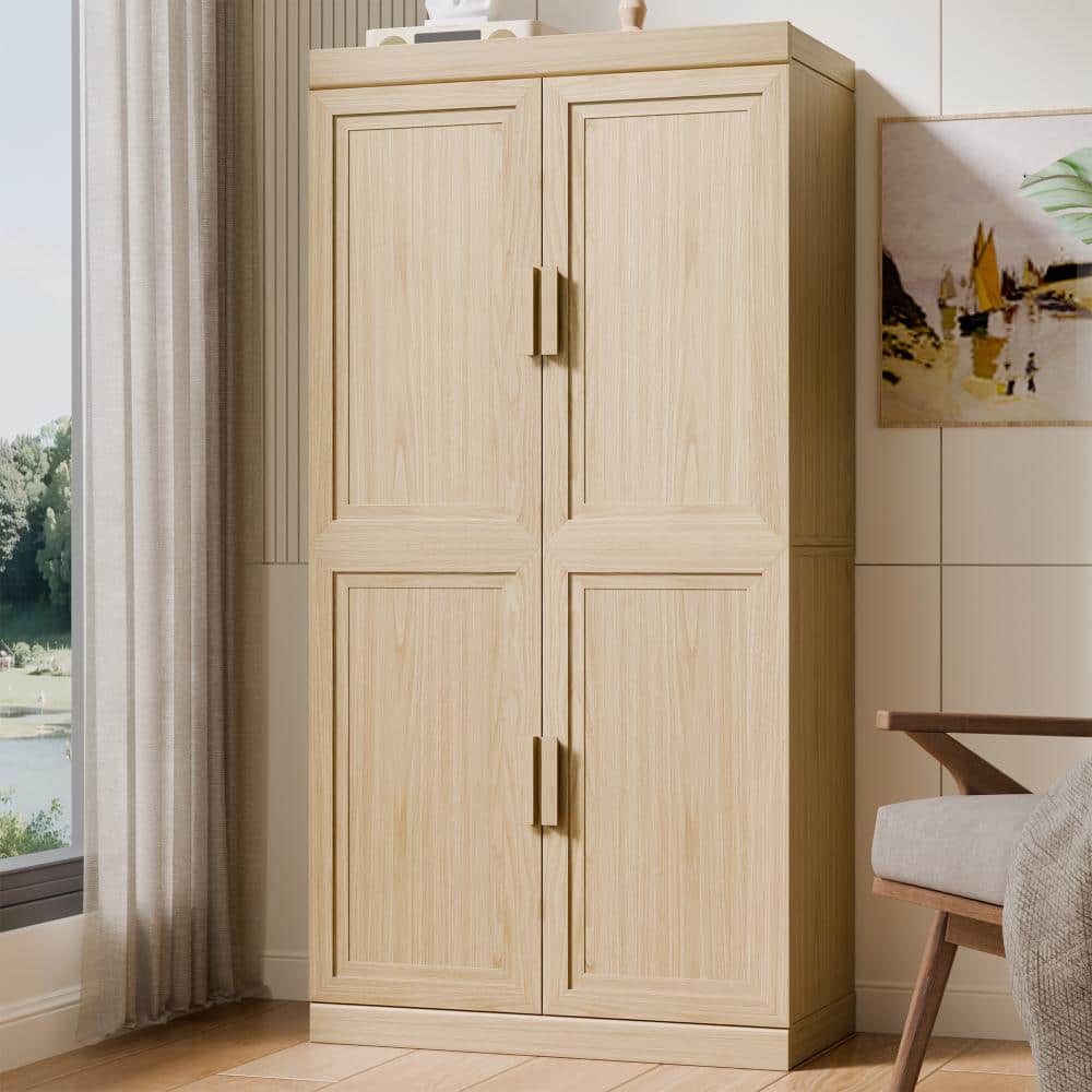 Natural Wood 62 in. H Storage Cabinet with Adjustable Shelves for Living Room Kitchen and Bedroom