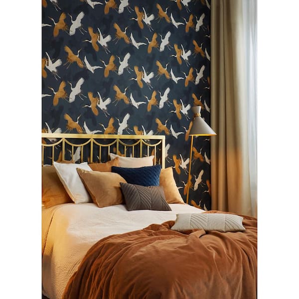 Kusama Dark Blue Crane Textured Non-Pasted Non-Woven Wallpaper Sample