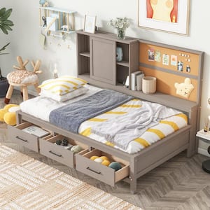 Gray Twin Lounge Daybed with USB Ports, Cork Board and 3 Drawers