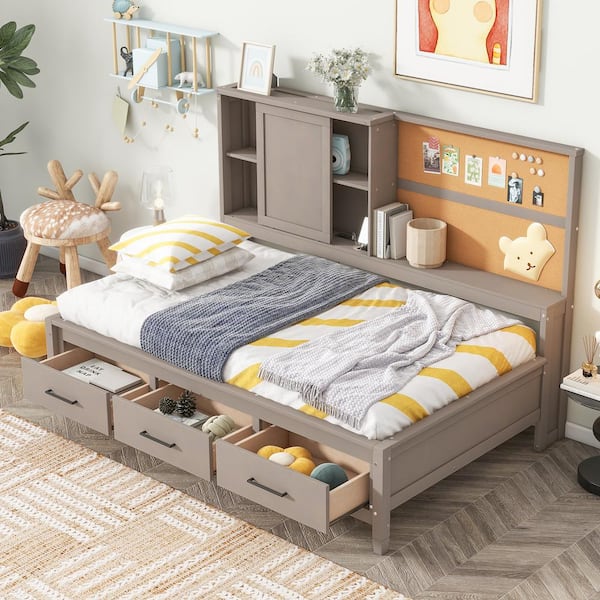 Qualler Gray Twin Lounge Daybed with USB Ports, Cork Board and 3 Drawers