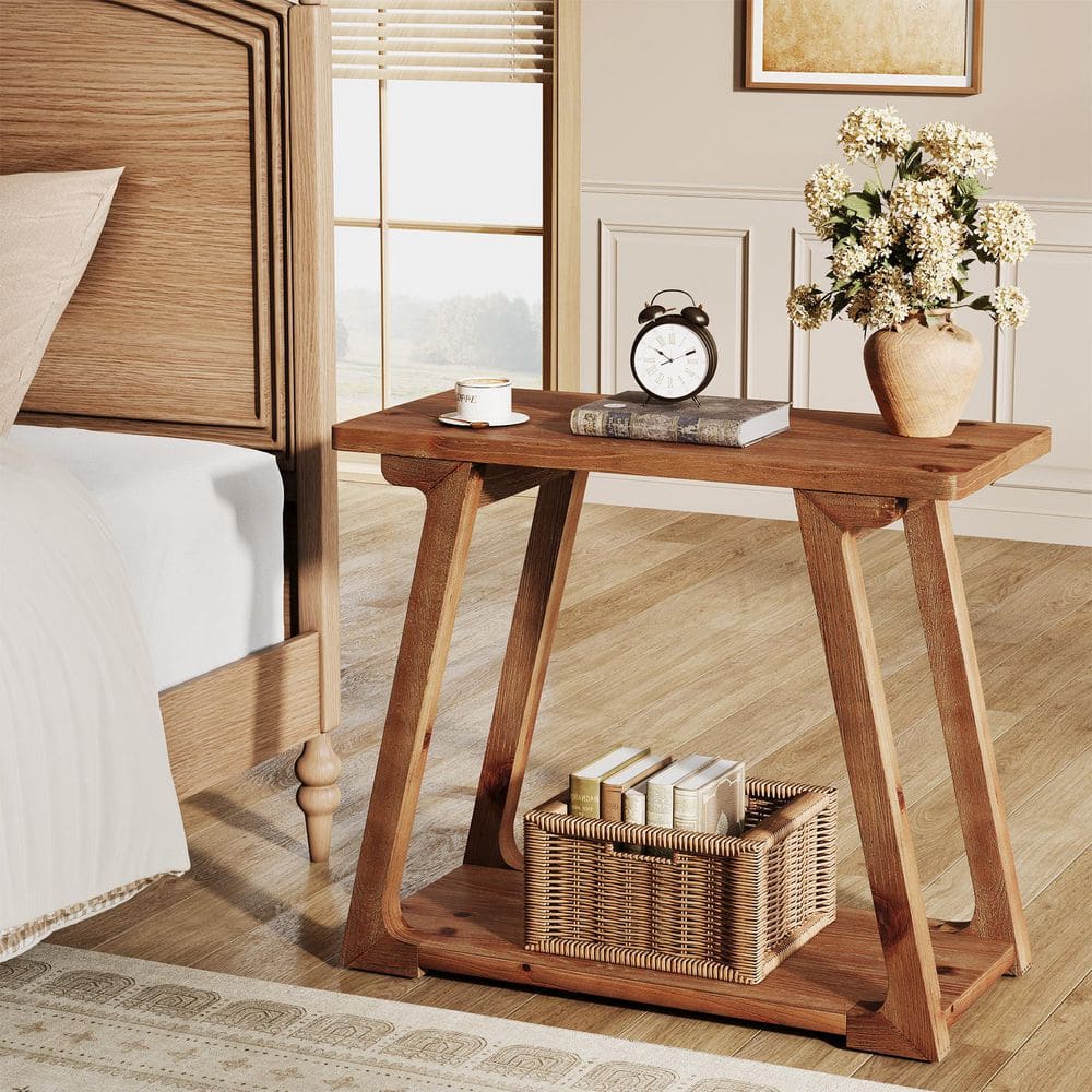 Kerlin 27.6 in. Brown Rectangle Solid Wood Side Table, End Table with Shelf for Living Room, Bedroom