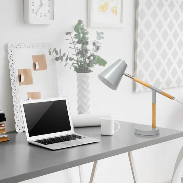 15.5 in. Gray Matte and Wooden Pivot Desk Lamp