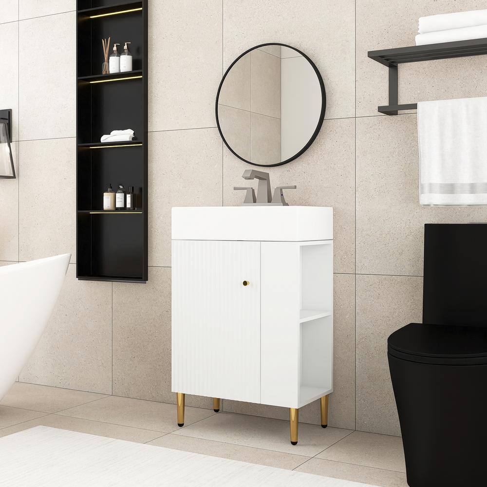 21.6 in. White Freestanding Bath Vanity with Ceramic Top and Right Side Storage