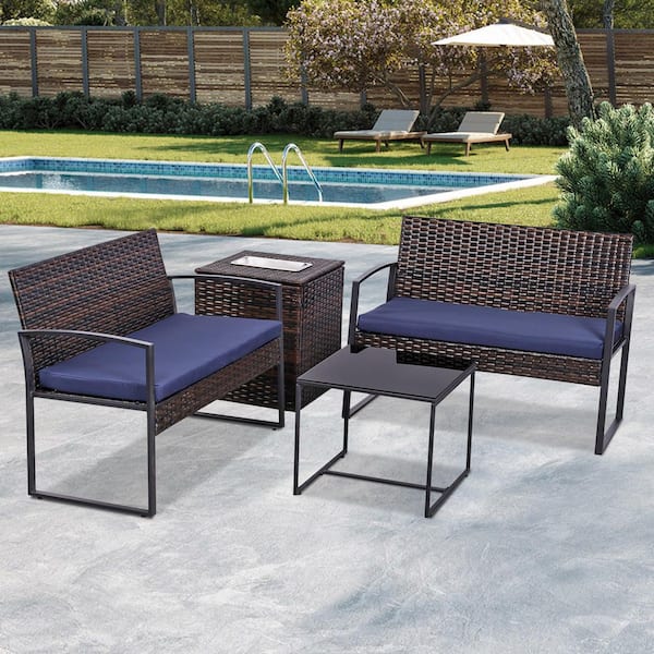Unbranded Brown 4-Piece Wicker Patio Conversation Set Outdoor Sofa Sectional Set with Blue Cushions and Ice Bucket Storage Table