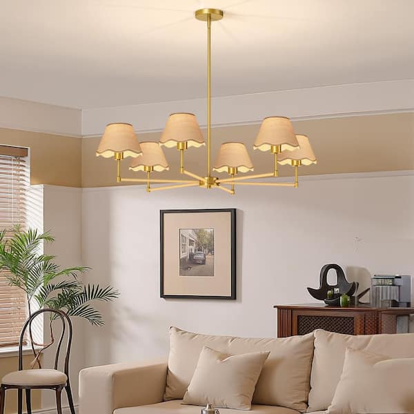 36in Boho Rattan Chandelier, Rattan Pendant Light, 6-light Modern Farmhouse Industrial Chandelier With Gold Lampshade