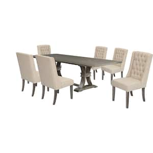 Israel 7-Piece Seating Rectangular Wood Top Rustic Gray Dining Table Set w/Beige Linen Fabric Chairs