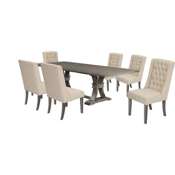Best Quality Furniture Israel 7-Piece Seating Rectangular Wood Top Rustic Gray Dining Table Set w/Beige Linen Fabric Chairs