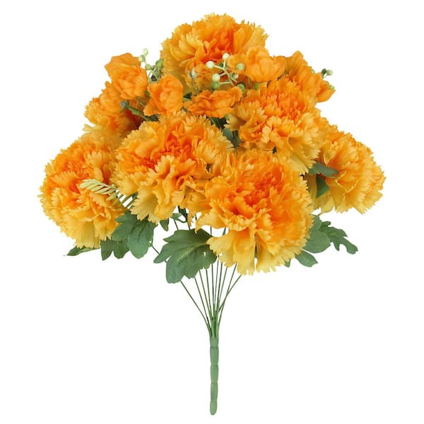 LIVING LUXURY 18 in. Yellow Orange Artificial Carnation Flower Stem Bush Bouquet (Set of 2)