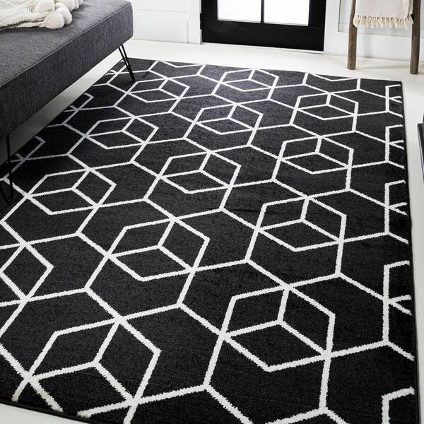 Tumbling Blocks Modern Geometric Black/White 5 ft. x 8 ft. Area Rug
