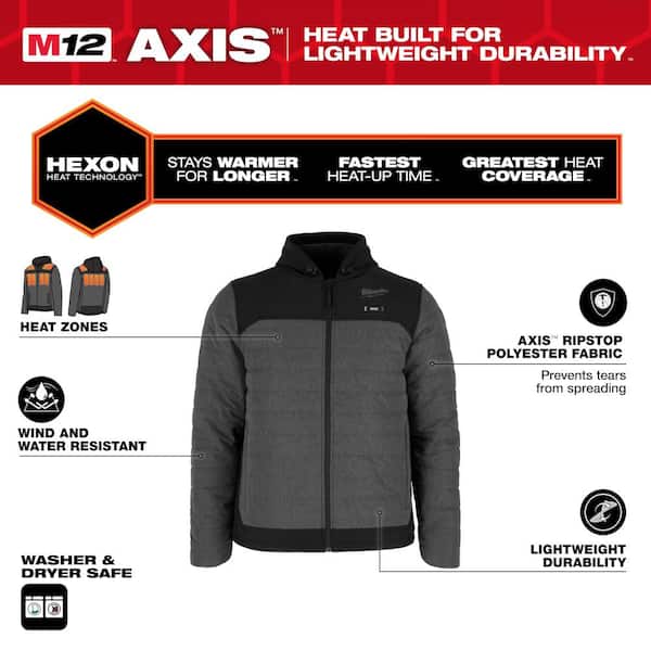 Men's X-Large M12 12V Lithium-Ion Cordless AXIS Gray Heated Jacket Kit with (1) 3.0 Ah Battery and Charger