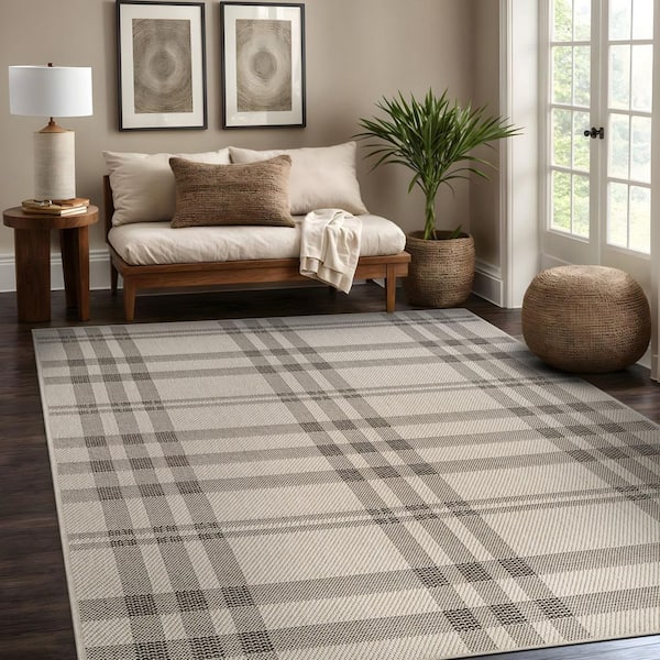 Coastal Gray/Beige 6 ft. x 9 ft. Plaid Washable Easy Jute Modern Indoor Outdoor Area Rug