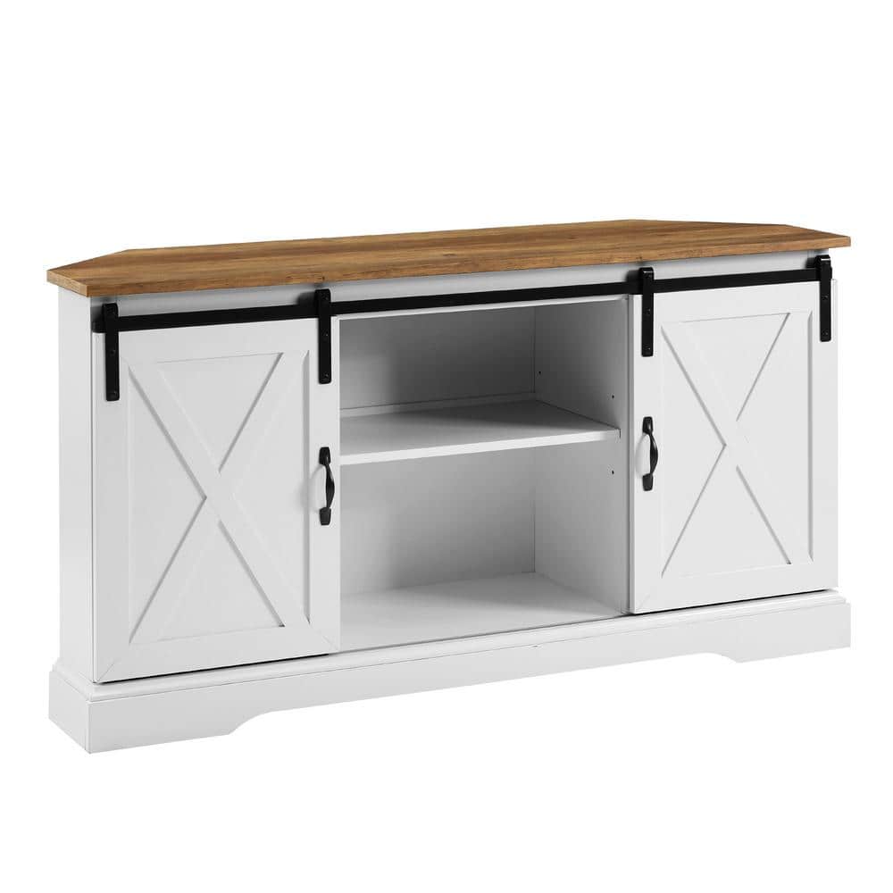 White and Brown MDF Corner TV Stand with Sliding Barn Doors