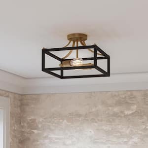 Boswell Quarter 12.5 in. 2-Light Vintage Brass Semi-Flush Mount with Painted Black Distressed Wood Accents