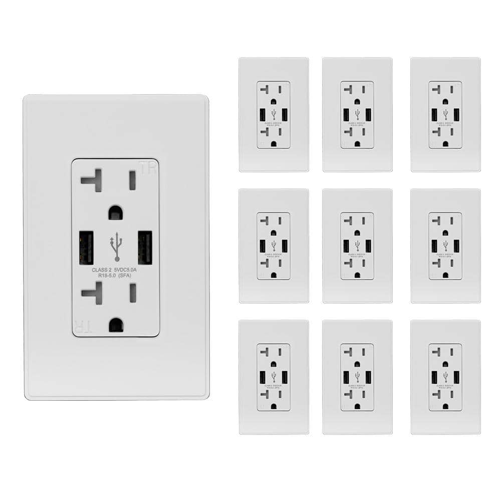ELEGRP 25-Watt 20 Amp Dual Type A USB Wall charger with Duplex Tamper Resistant Outlet, White(10-Pack) -  R1820D50AA-WH10
