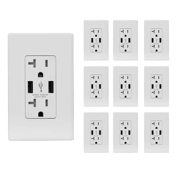 ELEGRP 25-Watt 20 Amp Dual Type A USB Wall charger with Duplex Tamper Resistant Outlet, White(10-Pack)