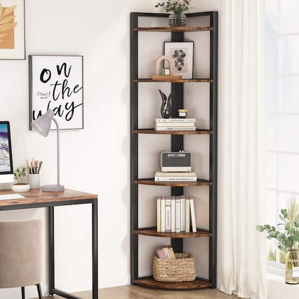70.9 in. Tall Brown Engineered Wood 6-Shelf Corner Bookcase, Small Bookshelf for Living Room, Home Office