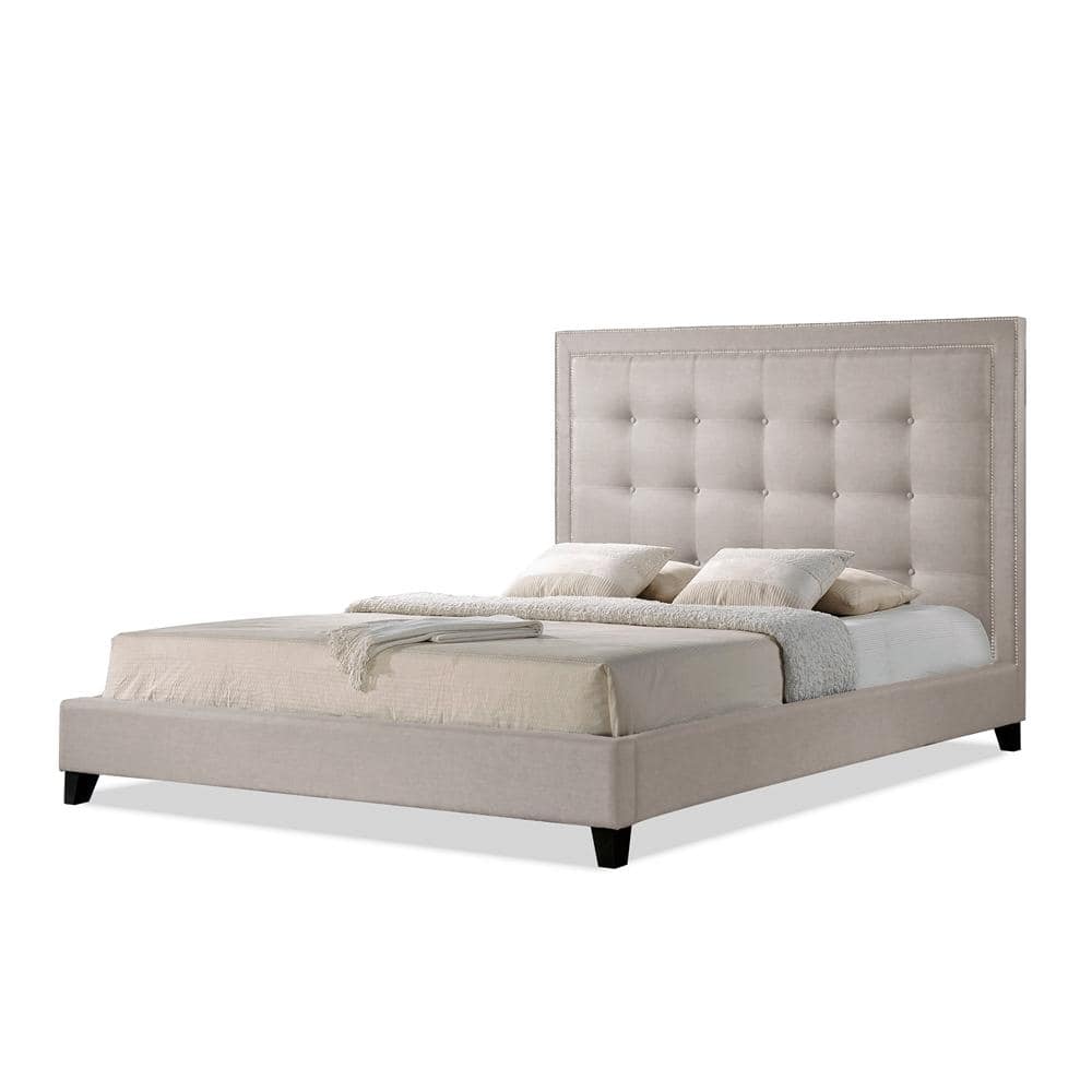 Elegant King-Sized Light Beige Linen Upholstered Bed with Nailhead Trim