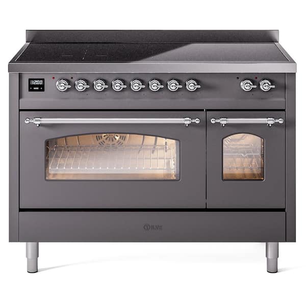 ILVE Nostalgie 48 in. 6 Zone Freestanding Double Oven Induction Range in Graphite Matte with Chrome Trim