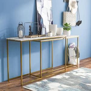 Auror 47.25 in. Gold Coating and White Rectangle Faux Marble Nesting Console Table (Set of 2)